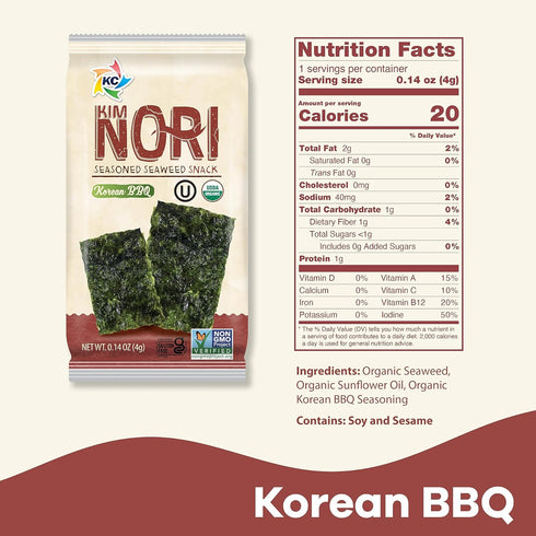 KIMNORI Organic Seasoned Seaweed Snacks, Korean BBQ Flavor, 24 Individual Packs, 100% Natural Laver