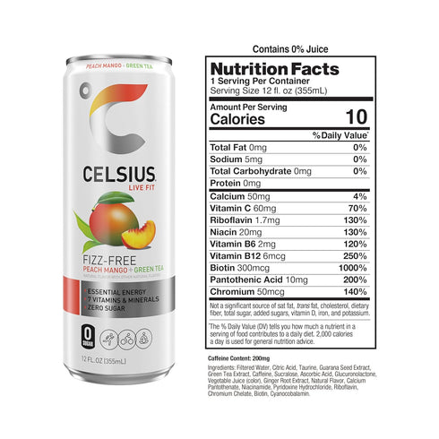 12 Oz (Pack 4) CELSIUS Fizz Free Peach Mango Green Tea, Sugar Free Energy Drink, Fl