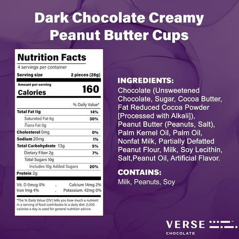 (3 Pack) 70% 2g 160 Verse Chocolate Peanut Butter Cups Dark Chocolate Keto Snacks w/ Fiber, Calories Creamy Peanut