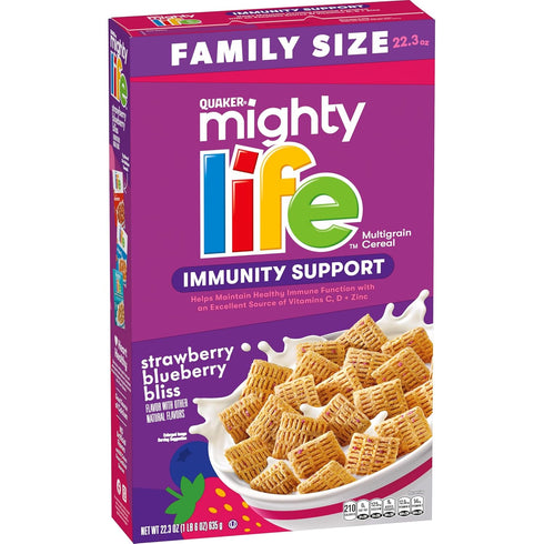Quaker Mighty Life Multigrain Cereal, Strawberry Blueberry Bliss, Immunity Support, 22.3 Oz