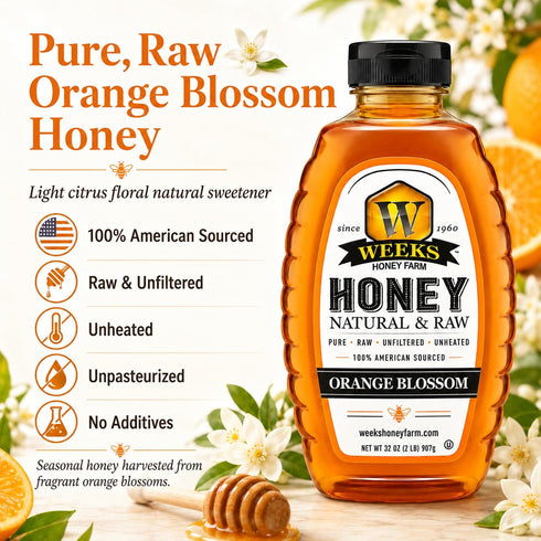 32 oz Pure Raw Unfiltered Orange Blossom Honey, - Premium American Sourced by Weeks Honey Farm | Light Citrus Floral