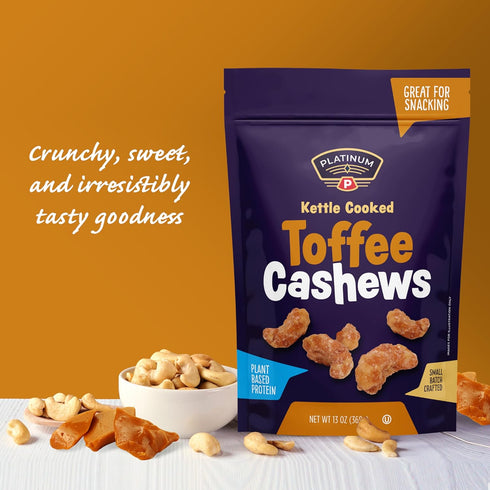 Platinum 13 oz Toffee Cashews - Plant Based Protein, Fiber, Healthy Snack - Roasted & Sweet Flavors - Nutritional Boost