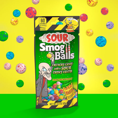 TOXIC WASTE - Sour Smog Balls - Crunchy & Chewy Sour Balls - Lime, Cherry, Strawberry, Lemon, Blue Raspberry, & Grape