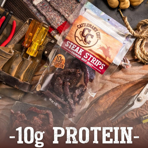 9 Cattleman's Cut Steak Strips Beef Jerky, Texas Style Flank Steak, Premium Marinated Steak High Protein Meat Snacks
