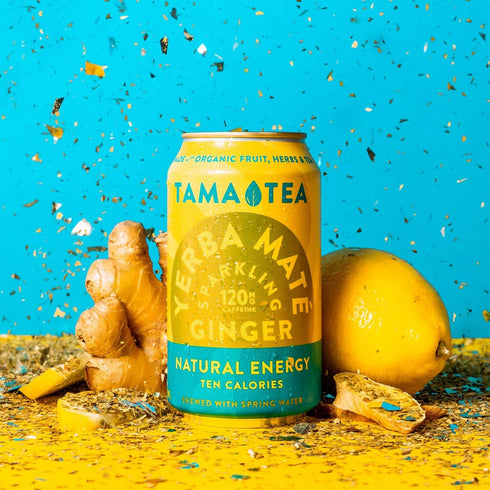 120mg 12 oz (12-Pack) Organic Sparkling Ginger Yerba Mate Tea, Unsweetened by Tama Tea - Sugar Free Energy Drink