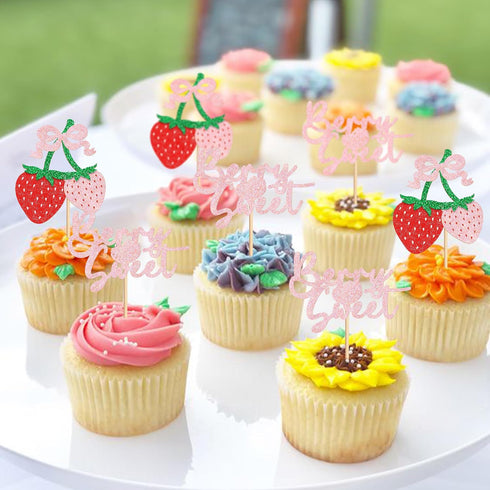 24 Pack Ercadio Strawberry Cupcake Toppers Glitter Bow Birthday Strawberry Cake Picks for Fruit Baby Shower Birthday