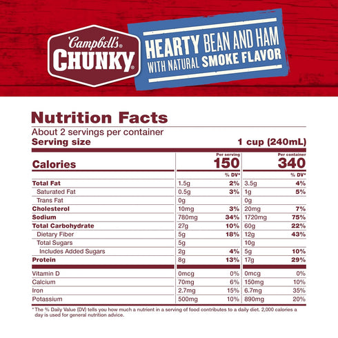 19 Oz Campbells Chunky Soup, Hearty Bean Soup With Ham, Can