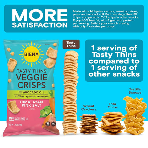4-Pack, 4 BIENA Tasty Thins Veggie Crisps - Made with Avocado Oil - Low Calorie Veggie Chips for Adults and Kids
