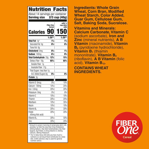 19.6 oz Fiber One Cereal, Original Bran, High Fiber Cereal Made with Whole Grain