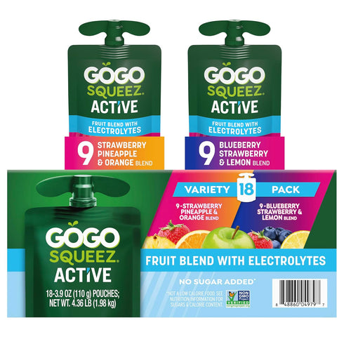 GoGo squeeZ No Sugar Added Active Fruit Blend with Electrolytes| 18-Count Variety