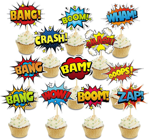 SuperHero Boom Cupcake Toppers 48 Pack, Happy Birthday Cake Decor for Kids Hero Theme Birthday Party Supplies