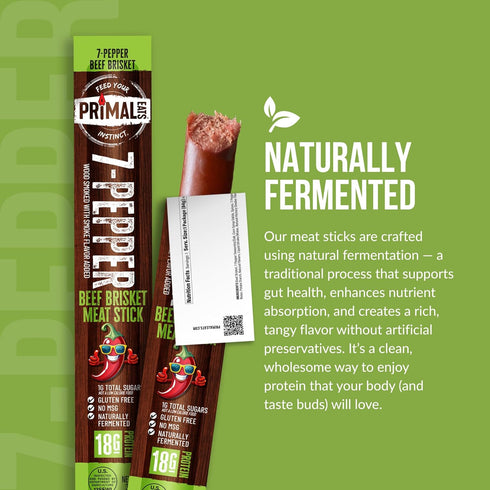7-Pepper 100% 3oz 10-Pack 18g Primal Eats Beef Brisket Meat Sticks, - Lean Meat Protein Keto, Paleo, Carnivore, Gluten
