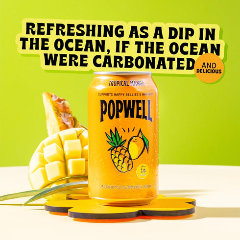 6g 1g Immunity 12 oz (pack 12) Popwell Tropical Mango Better-For-You Prebiotic Soda, with Fiber, Sugar, Vitamins