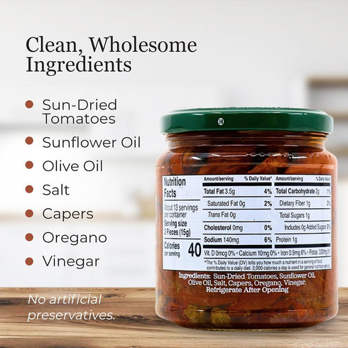 10 oz Packed Vantia Sun-Dried Tomatoes in Oil Jar Imported Italian Tomatoes in Oil, Rich Tangy Flavor for Pasta