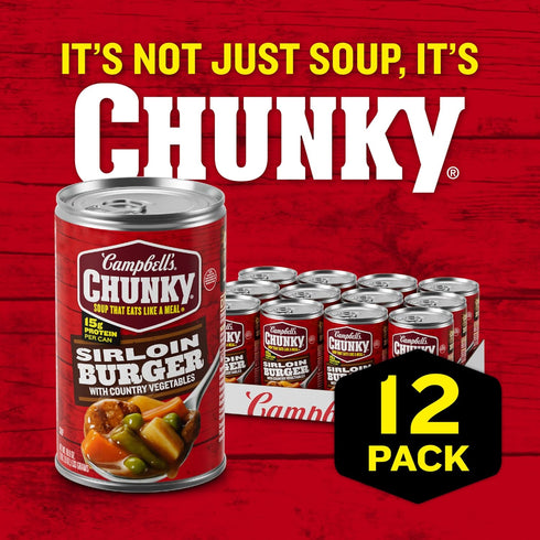 Country 18.8 oz 12) Campbells Chunky Soup, Sirloin Burger With Vegetable Beef Soup, Can (Case