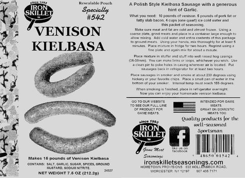 Generic Kielbasa Kielbasa, 7.5 oz, 16 lbs Venison Seasoning, by Iron Skillet Seasoning's, Turn your Deer Meat into