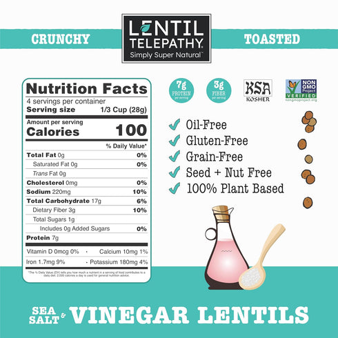 4 oz Lentil Telepathy Sea Salt & Vinegar Crunchy Whole Lentil Snack, OIL FREE, Never Fried, Plant Based, Gluten Free
