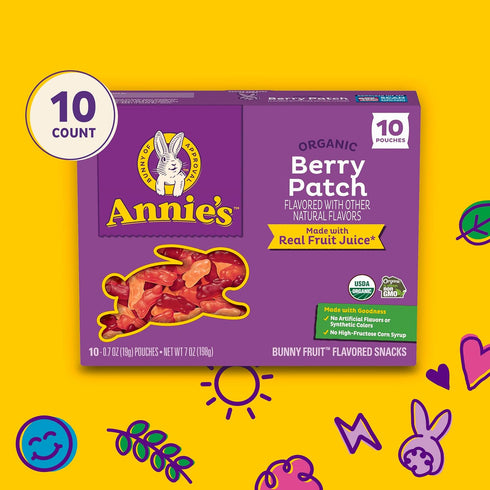 10 7 oz Annie's Organic Berry Patch Bunny Fruit Flavored Snacks, Gluten Free, Pouches