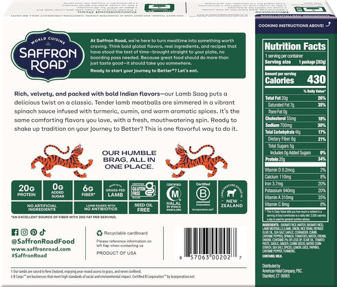 Frozen 10 Saffron Road Lamb Saag High Protein, Seed Oil Free, Made with Grass Fed Lamb, No Artificial Ingredients