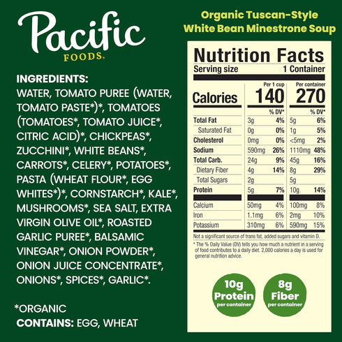 16.3 oz Pacific Foods Organic Tuscan-Style White Bean Minestrone Soup, Can