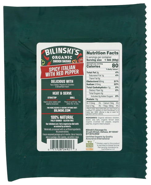 12 Bilinski, Organic Spicy Italian Chicken Sausage, Ounce