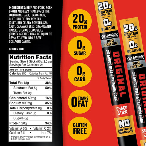 Country 2 Oz (8 Tillamook Smoker PRO Edition Meat Sticks, Zero Sugar, Original, Sticks) Real Hardwood Smoked Sausages