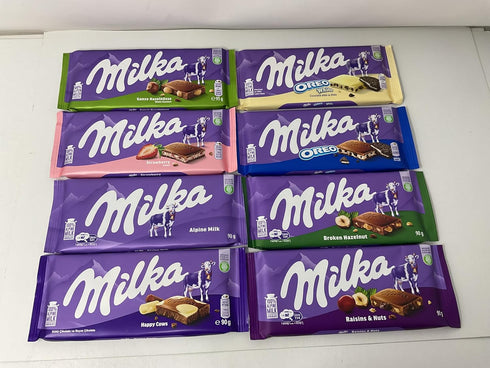 Pack 8 Milka European Chocolate Bars Variety of Full Size Bars, No Duplicate Chocolate