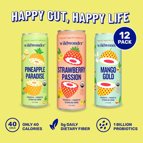 12pk, Immune 5g 12Pack, 12oz wildwonder Sparkling Probiotic Drink For Gut Health & Support, Tropical Vibes Variety