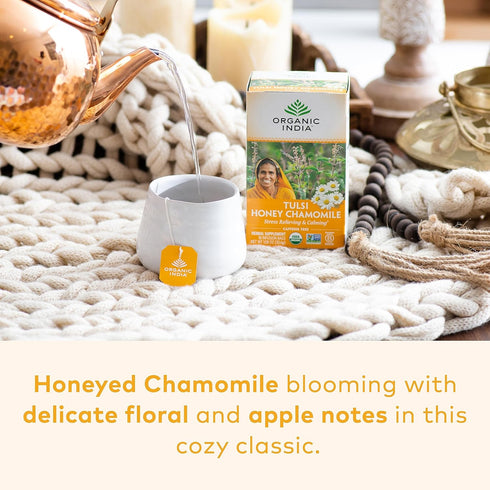 Immune 18 6 Pack Organic India Tulsi Honey Chamomile Tea Bags - Herbal Tea for Stress Relieving & Calming, Support