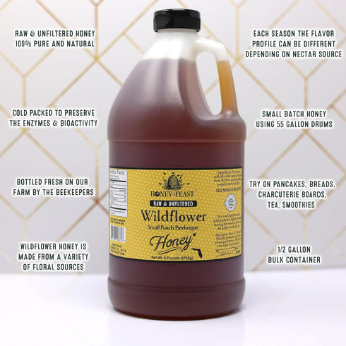 6 (1/2 HONEY FEAST Pounds Gallon) Bulk Wildflower Honey, All Natural, Unfiltered, Unheated Honey, Perfect