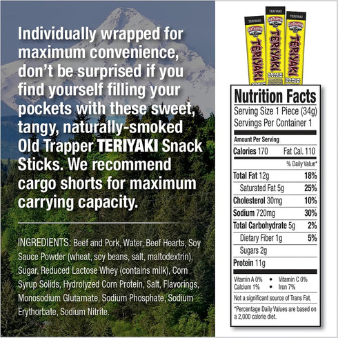 1.2-Ounce Packages, 11 (Pack 24) Old Trapper Teriyaki Snack Sticks, Individually Wrapped Natural Wood Smoked Meat