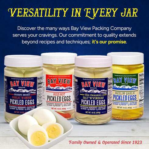 0g 6g (16oz, Bay View Pickled Eggs, No Artificial Ingredients, Gluten Free, Sugar, Protein, Fresh Grade A Eggs, Boiled