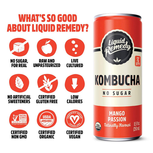 8.5 Oz 24-Pack Liquid Remedy Kombucha Sugar Free Organic Drink, Low Calorie, Probiotic Like Tea for Gut Health - Mango
