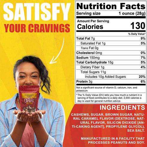 OZARK (7 oz) NUT ROASTERS, Salted Caramel Cashews, Flavored Snack Nuts, Gluten-Free Gourmet Candied Cashews, Blend