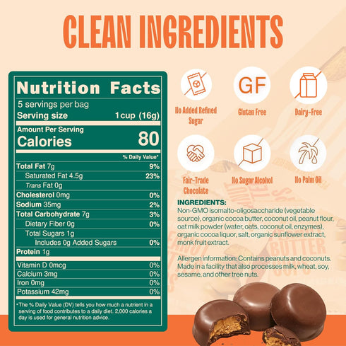 1 Whims Oat Milk Chocolate Peanut Butter Cups Clean Ingredients, Sweetened with Monk Fruit, No Sugar Alcohols Bag