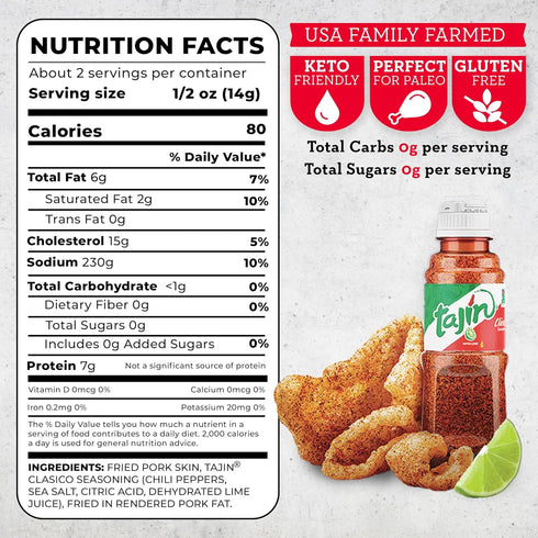 4505 1.1oz (Pack 12) Tajin Seasoned Chicharrones, Fried Pork Rinds - Chile Limon Mild Flavored Pork Skins - Low Carb