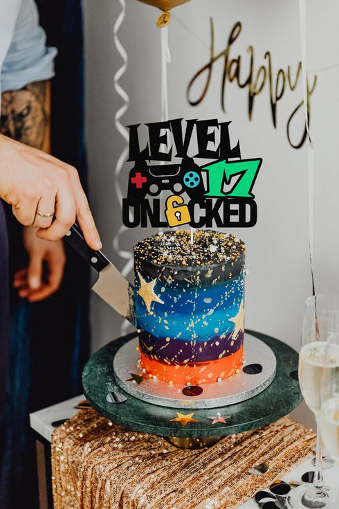 Level 17th Unlocked Sign Cake Topper - Happy 17th Birthday Decorations for Video Game Themed Party Supplies