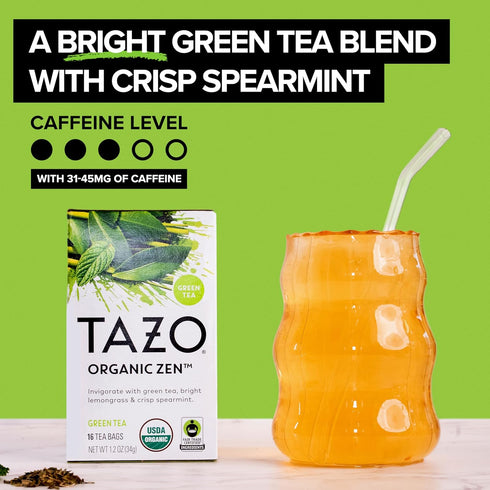 96 (16ct Pack 12) TAZO Organic Zen Green Tea Bags, Caffeine Free Tea with Refreshing Lemongrass & Spearmint, Total Tea