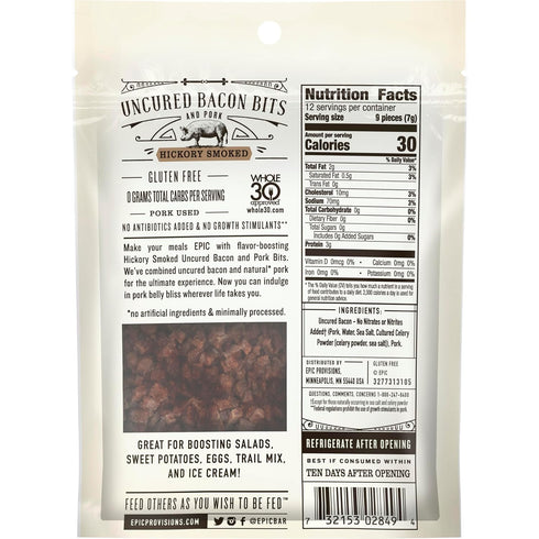 Whole30 3 oz EPIC Uncured Bacon Bits and Pork, Hickory Smoked, Keto and Paleo Friendly, Approved, Gluten Free