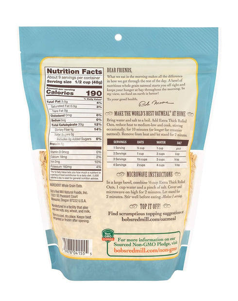 32oz (Pack 4) Bob's Red Mill Extra Thick Rolled Oats, of - Non GMO, Whole Grain, Vegan, Kosher