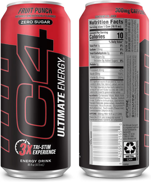 C4 300mg 16oz (Pack 12) Ultimate Zero Sugar Energy Drink, Tri-Stim Experience with Caffeine + TeaCrine + Dynamine