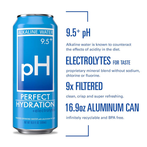 9.5+ 16.9 oz Pack 24 Perfect Hydration ph Alkaline Water, Electrolyte Minerals for Taste, Made in the USA, Recyclable