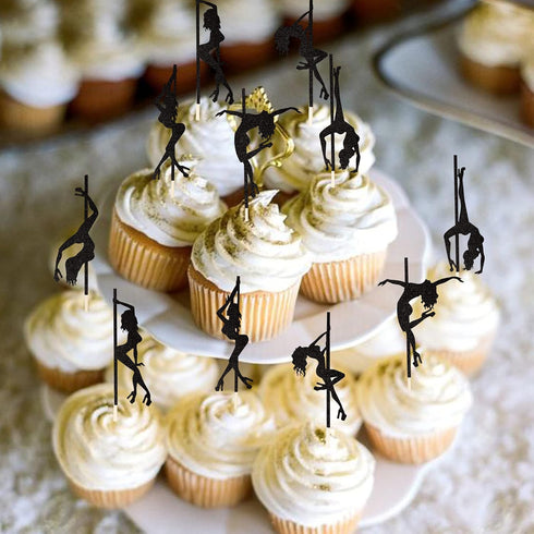 36 PCS Pole Dance Girl Cupcake Toppers - Black Glitter Picks for Bachelorette, Bridal Shower, Birthday Party