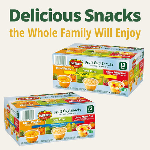 Pack 4 oz (12 Pack) Del Monte Fruit Cup Snacks Variety with No Added Sugar, Cups Diced Peaches, Diced Pears, Cherry