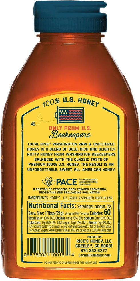 16 oz 100% Local Hive Washington Raw & Unfiltered | Pure U.S. Honey | Natural Sweetener Sourced from American Bees