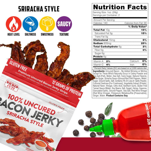 12g (2 Sriracha Flavored Bacon Jerky, Protein Per Bag, Tender & Easy to Chew Fully Cooked Bacon, USA Made, High Protein