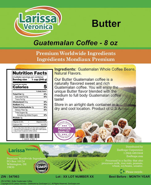 Larissa Veronica (8 oz, 547963) 3 Pack Butter Guatemalan Coffee (Gourmet, Naturally Flavored, Whole Coffee Beans) ZIN: