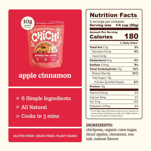 (8.8 oz 4 20 Protein-packed (10g), ChiChi Protein Hot Cereal | Apple Cinnamon x pouches, servings) Made with Chickpeas