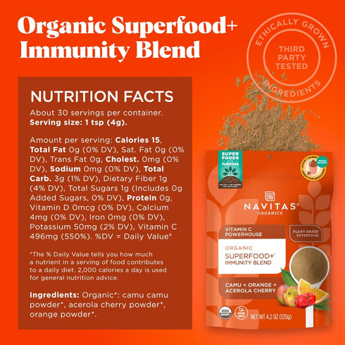Navitas Organics Superfood+ Immunity Blend - Camu, Orange, Acerola Cherry, 30 Servings, Organic, Non-GMO, Vegan