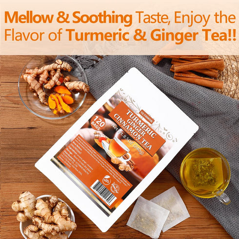 120 100% Premium Turmeric, Ginger, Cinnamon Blend Tea Bags, Natural & No Additives & Caffeine Free.